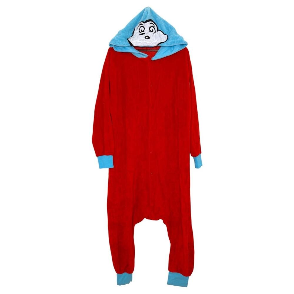 Dr Seuss Thing 1 Thing 2 Pajamas Adult One Size Red Hooded Fleece Union Suit